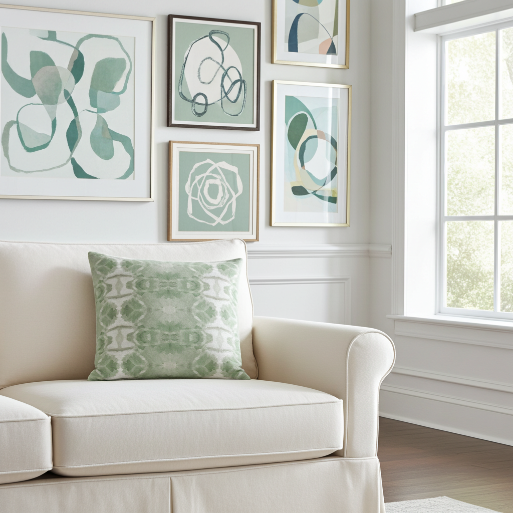 Trees Calm Jade Luxury Pillow by Truett Designs featuring an abstract botanical pattern inspired by oak leaf foliage in calming jade green and soft neutral tones. Handcrafted in England from sustainably printed luxury fabric, this designer decorative pillow brings organic texture, depth, and sophisticated color to sofas, beds, accent chairs, and window seats. A versatile accent for traditional, transitional, and modern interiors, ideal for interior designers seeking luxury throw pillows, artisan-crafted tex