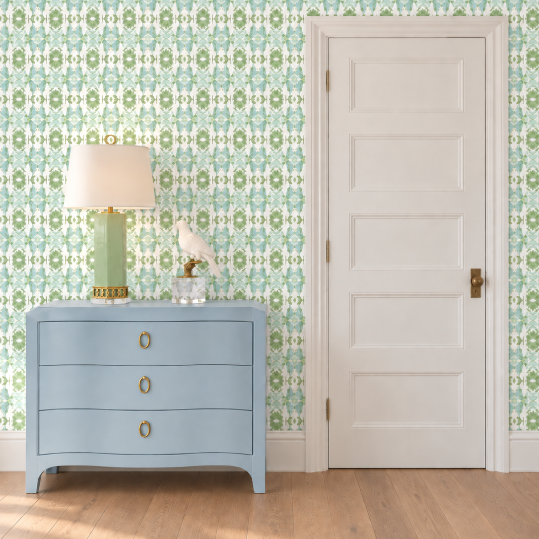 Wildflowers I Sage Green & Blue Small Repeat wallpaper by Truett in a refined interior with white oak floors and blue chest.