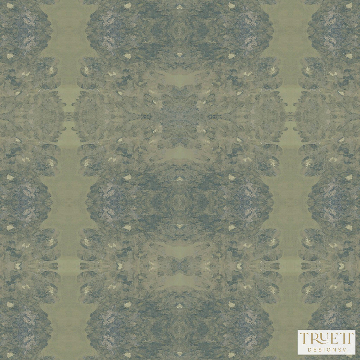 Luxury abstract wallpaper in rich rosemary green tones with layered organic movement and artistic detail, designed for modern traditional interiors, luxury bedrooms, powder rooms, dining spaces, and collected contemporary homes. Sustainably printed in England by Truett Designs.