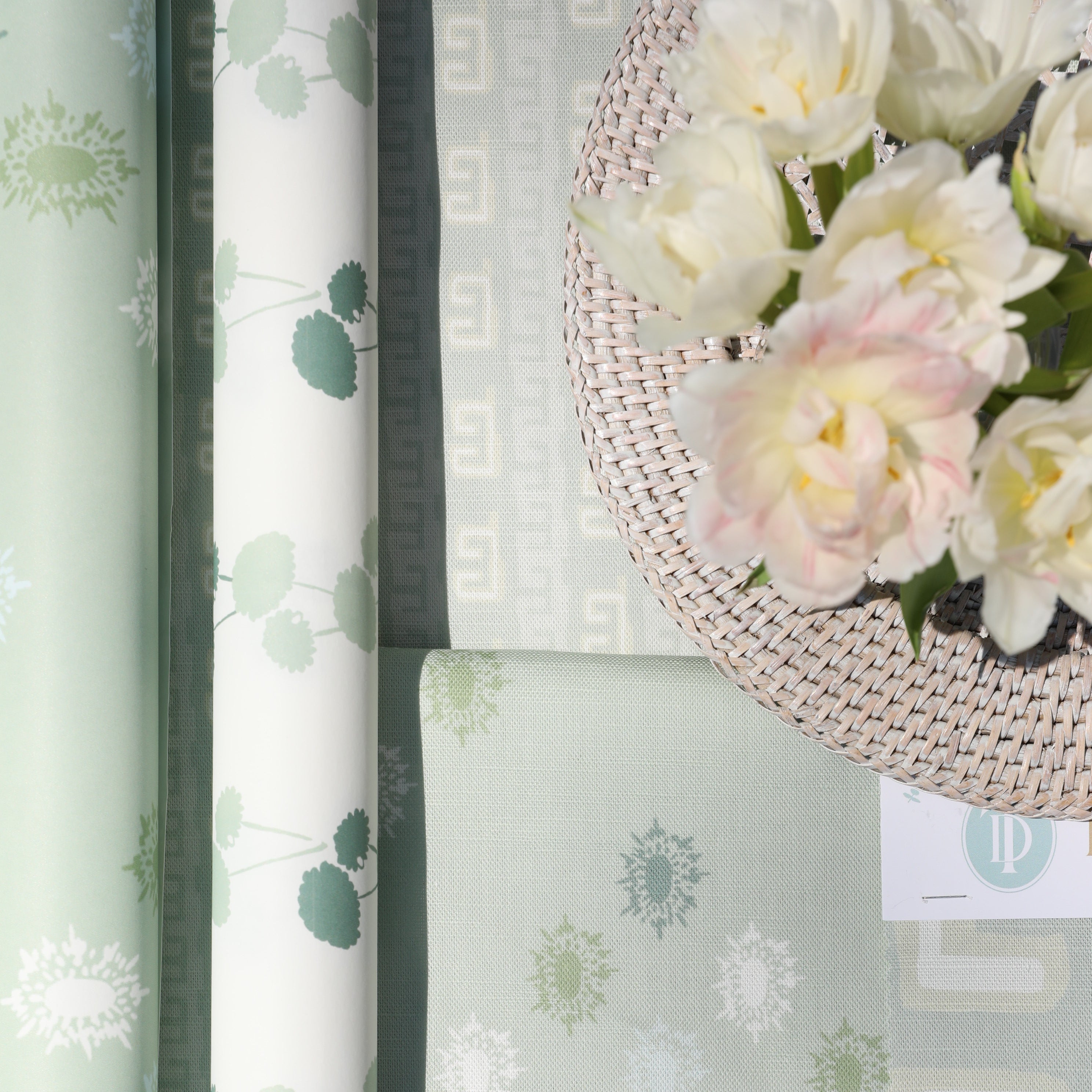 Luxury botanical & floral wallpaper featuring an elegant linear dahlia vine pattern inspired by English gardens, designed for modern traditional interiors, powder rooms, bedrooms, dining spaces, and layered luxury homes. Sustainably printed in England by Truett Designs.