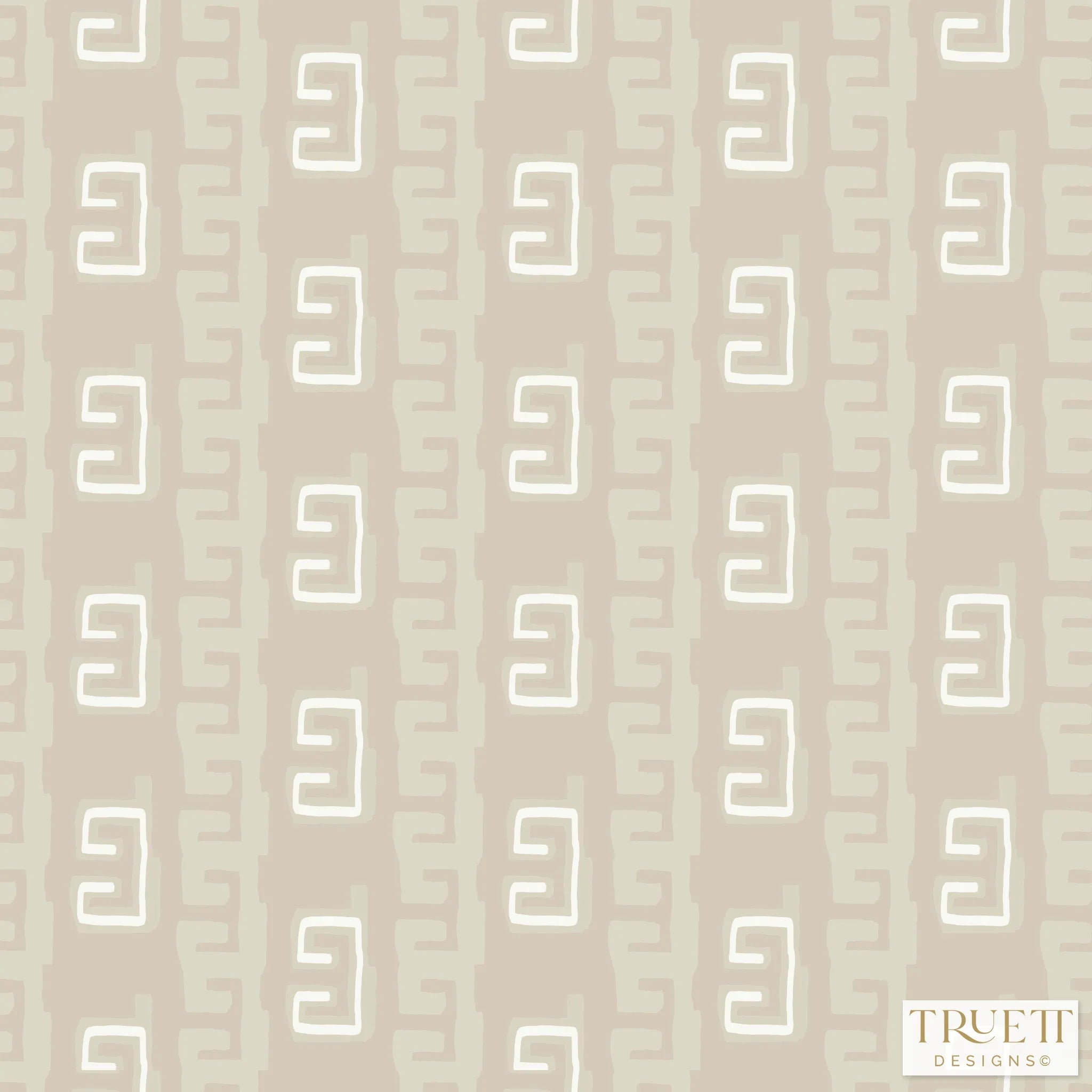 Greek Key Drop Putty Luxury Wallpaper by Truett Designs featuring a Greek key-inspired stripe pattern in soft putty neutral tones. Sustainably printed in England and available in matte paper or faux grasscloth, this designer wallpaper adds timeless elegance and subtle structure to traditional, transitional, and modern classic interiors. A versatile choice for interior designers and luxury residential projects.