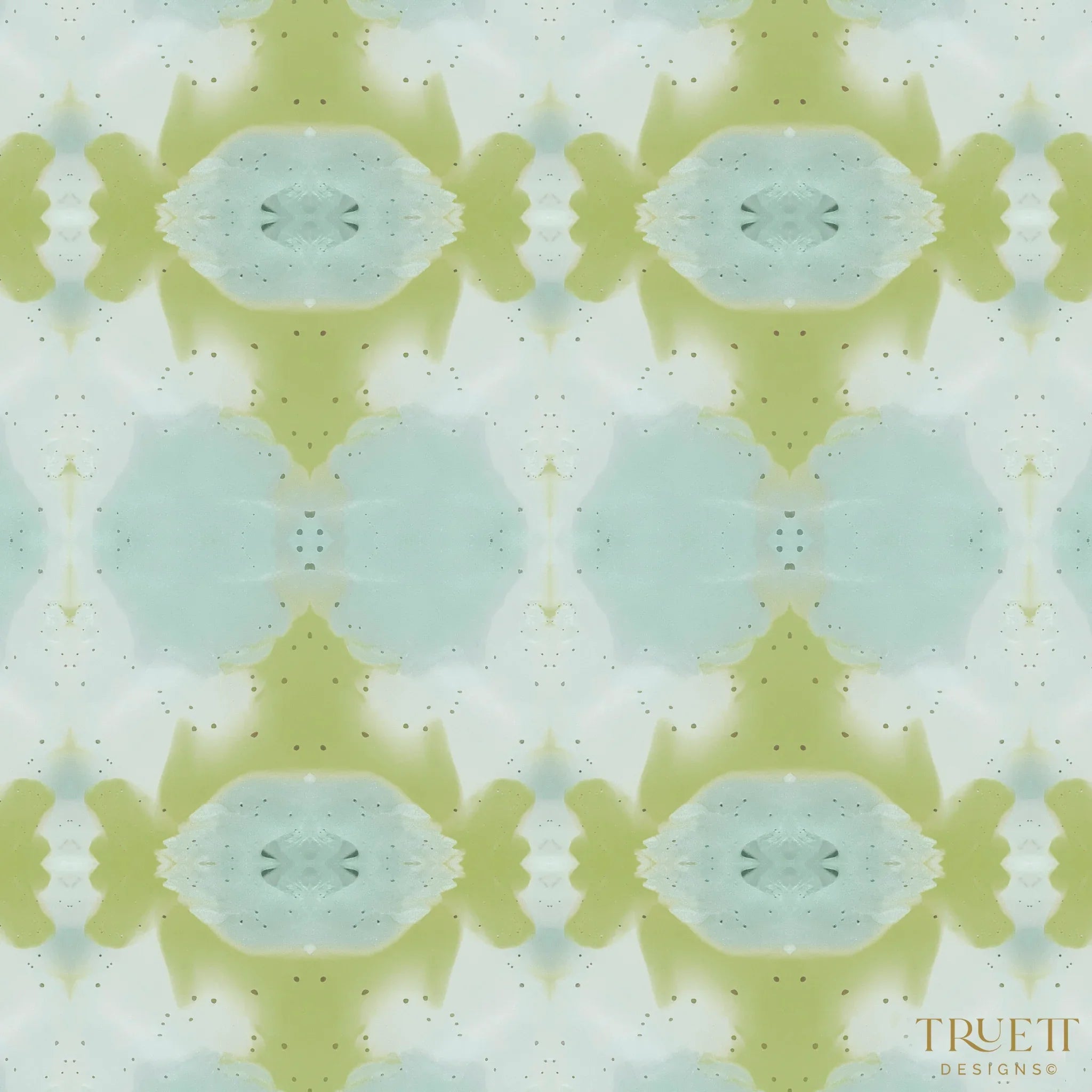 Designer abstract wallpaper in chartreuse green and soft blue with an organic geometric motif, ideal for modern traditional interiors, statement walls, and layered homes.