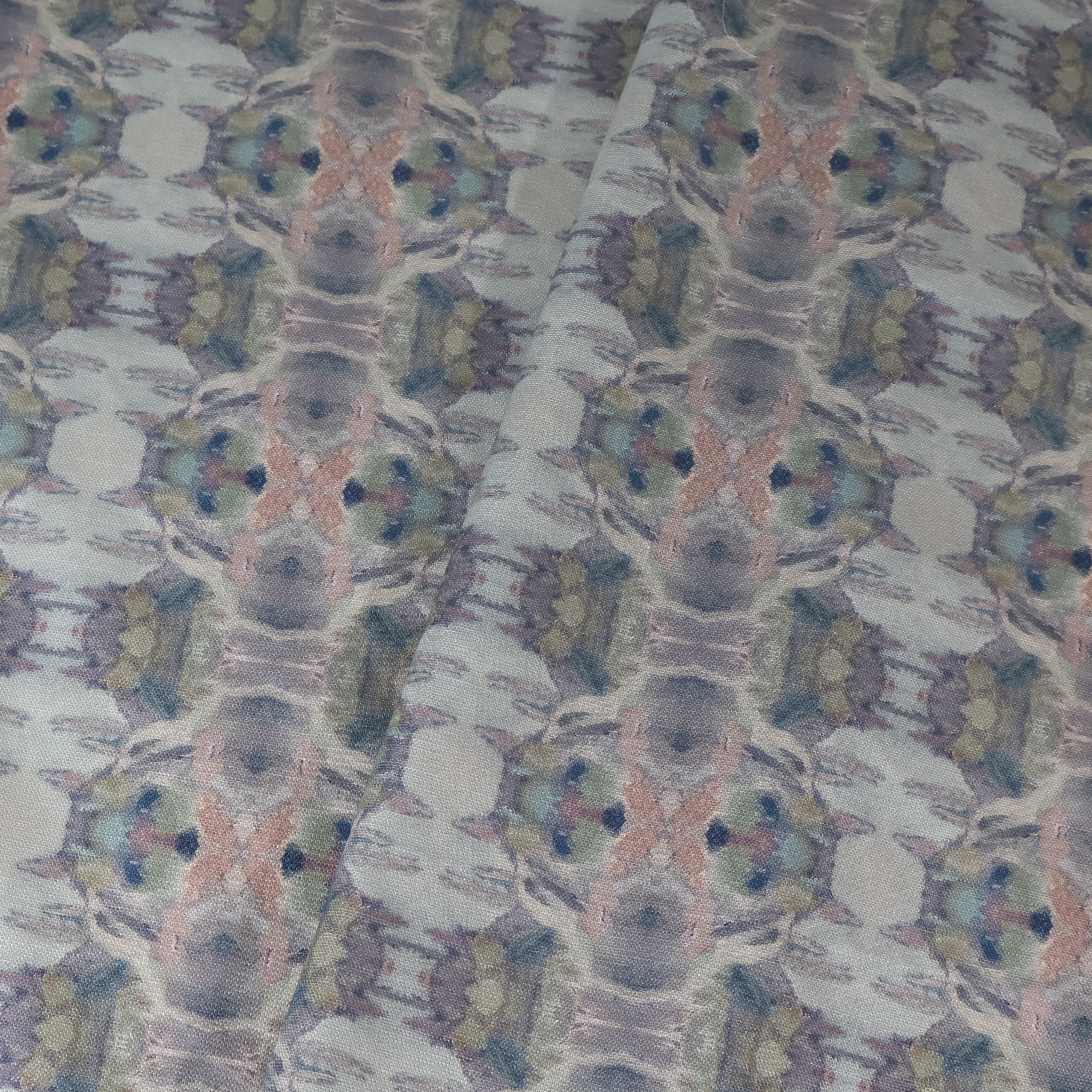 Luxury abstract fabric featuring flowing landscape-inspired movement in warm dusty neutral tones with hidden fox details for collected modern traditional interiors.
