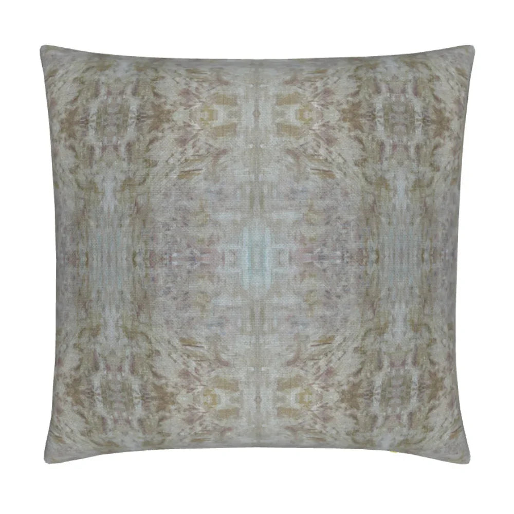 The Gardens Bronze Iris luxury decorative pillow featuring an abstract floral pattern with layered artistic movement and rich bronze, plum, and earthy tones, handcrafted in England for luxury living rooms, designer-curated interiors, thoughtfully layered spaces, and modern traditional homes.