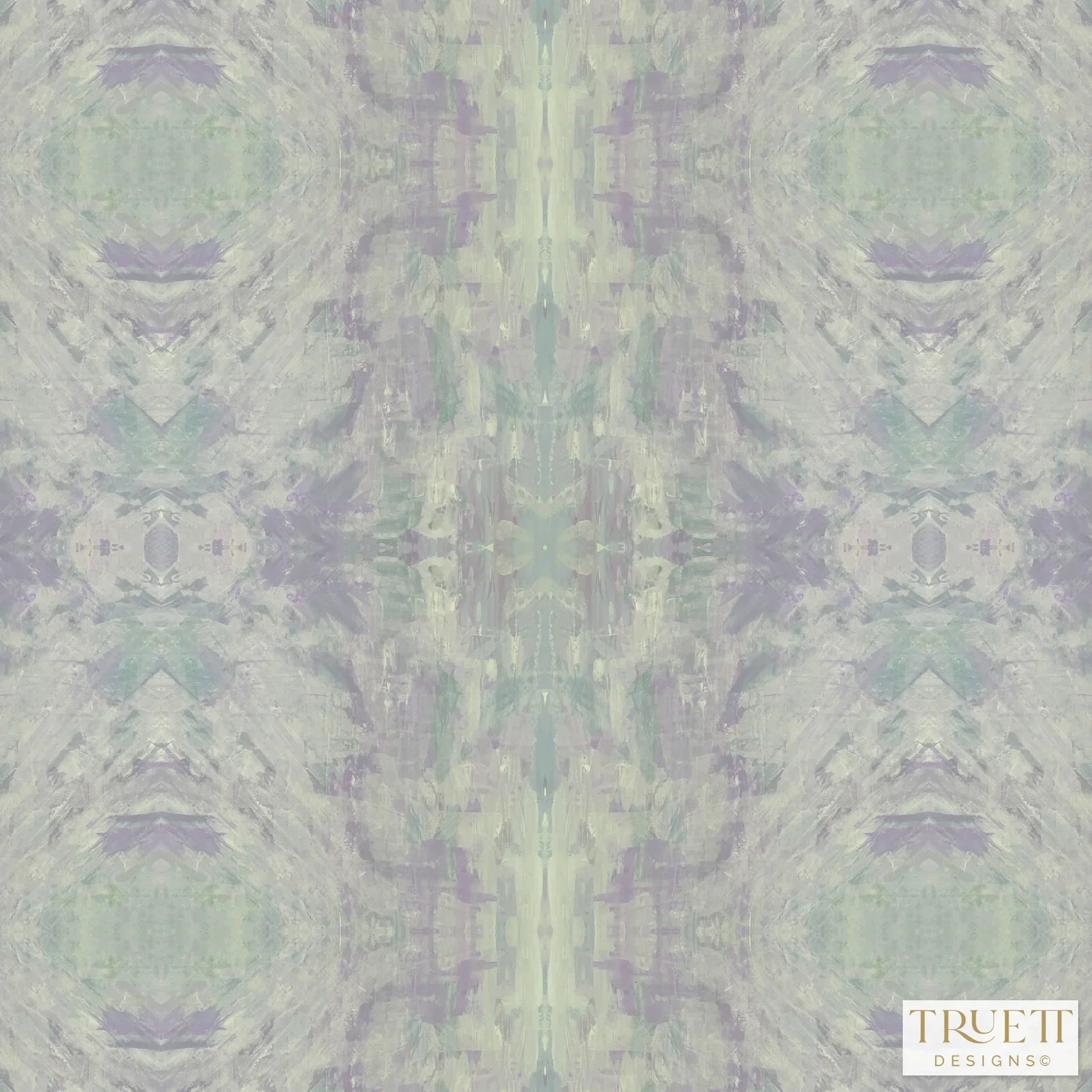 Designer abstract wallpaper with a richly layered pattern in lavender, soft blue, and sage green, inspired by Truett's original artwork and ideal for sophisticated modern traditional interiors.