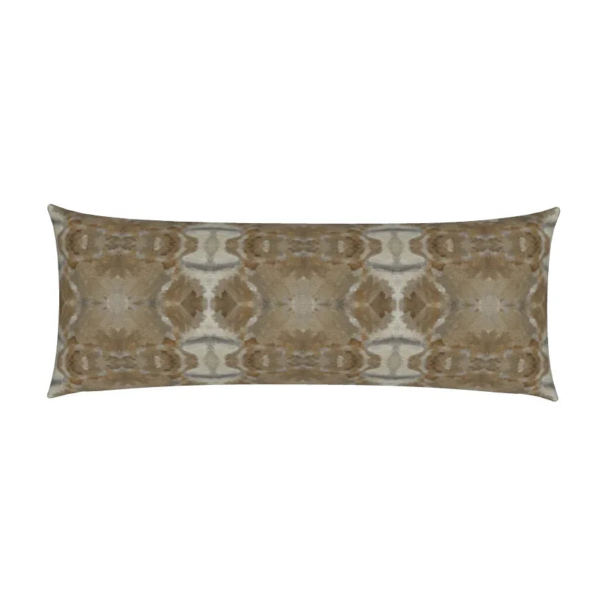 Luxury cognac brown abstract bolster pillow with painterly organic design, handcrafted in England for contemporary and modern traditional interiors.