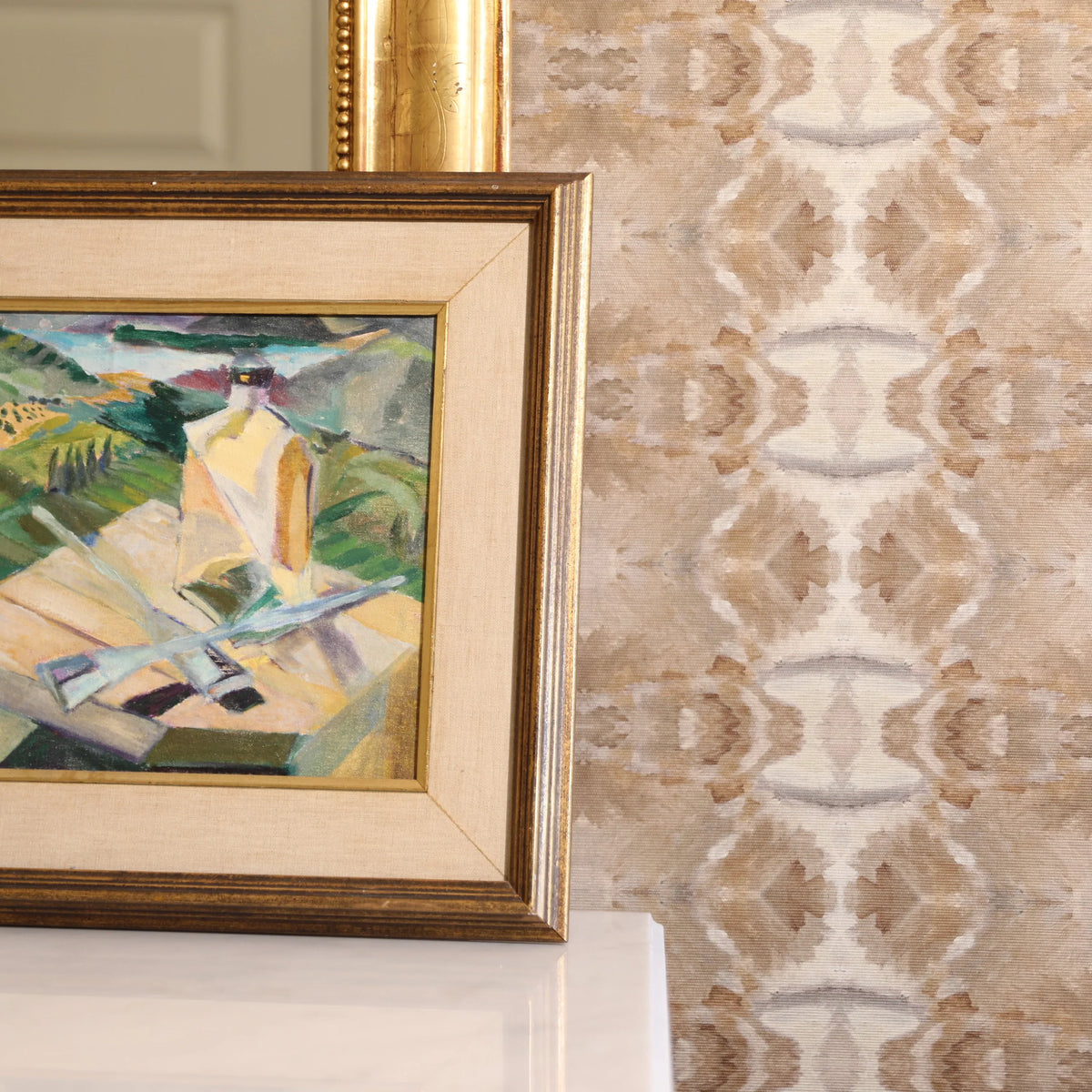 Luxury cognac brown abstract wallpaper with painterly organic movement and linear lines inspired by live oak trees, designed for contemporary and modern traditional interiors.
