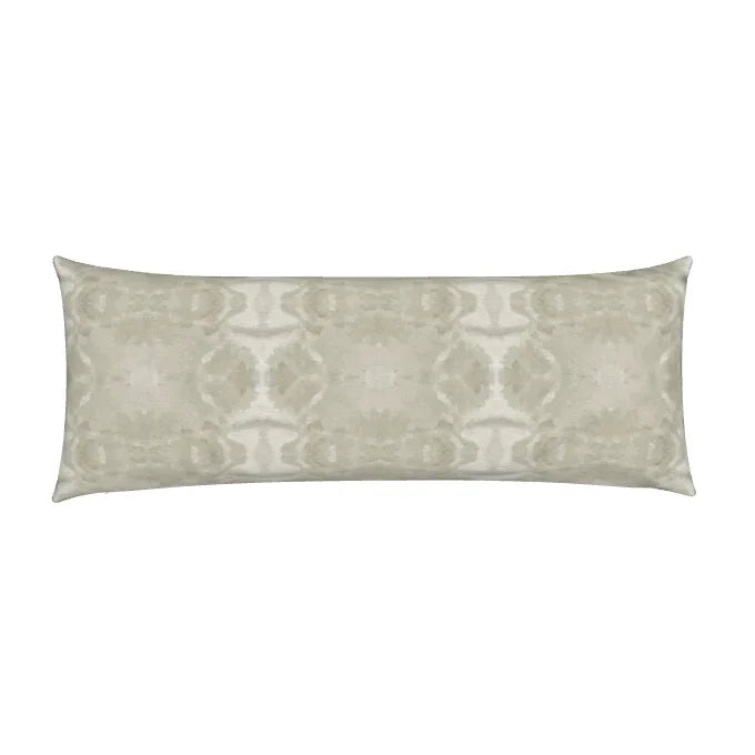 Trees Putty Luxury Bolster Pillow by Truett Designs featuring an abstract botanical pattern inspired by oak leaves in soft putty and warm neutral tones. Handcrafted in England from sustainably printed designer fabric, this luxury bolster pillow adds subtle pattern, organic texture, and timeless elegance to beds, sofas, window seats, and custom interiors. Ideal for interior designers seeking artisan-crafted decorative pillows, neutral home décor, luxury textiles, and sophisticated layering pieces for traditi