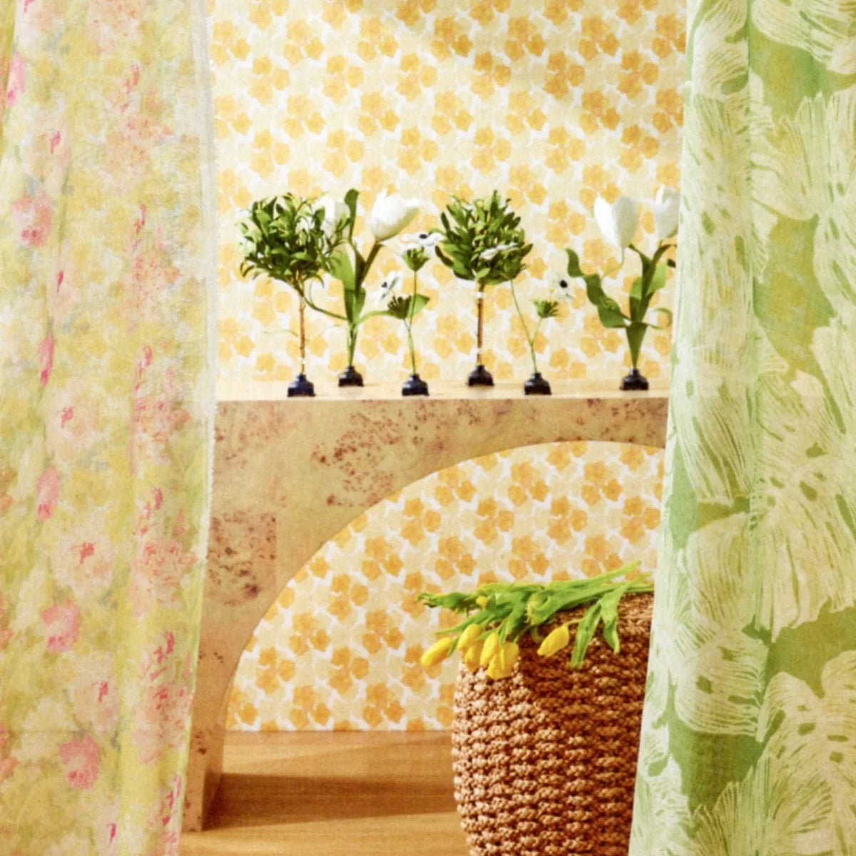 Luxury yellow floral wallpaper featuring the Trois Fleurs pattern, a non-directional botanical design ideal for walls, ceilings, breakfast rooms, powder rooms, and modern traditional interiors.