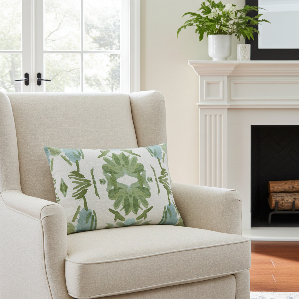 Luxury sage green and powder blue botanical pillow with large-scale floral pattern inspired by Alaska wildflowers, handcrafted in England and styled for contemporary and traditional interiors.
