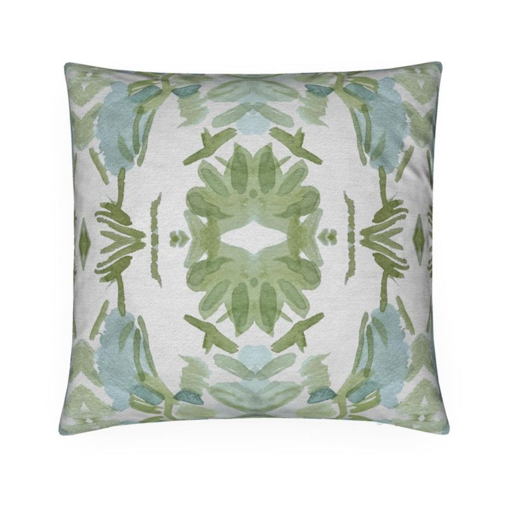 Luxury sage green and powder blue botanical pillow with large-scale floral pattern inspired by Alaska wildflowers, handcrafted in England and styled for contemporary and traditional interiors.