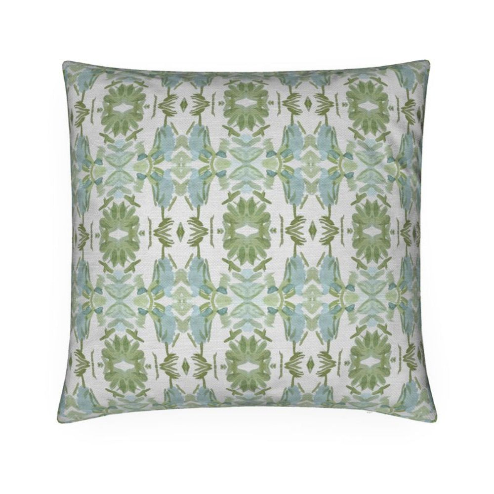 Luxury sage green and powder blue botanical pillow with large-scale floral pattern inspired by Alaska wildflowers, handcrafted in England and styled for contemporary and traditional interiors.