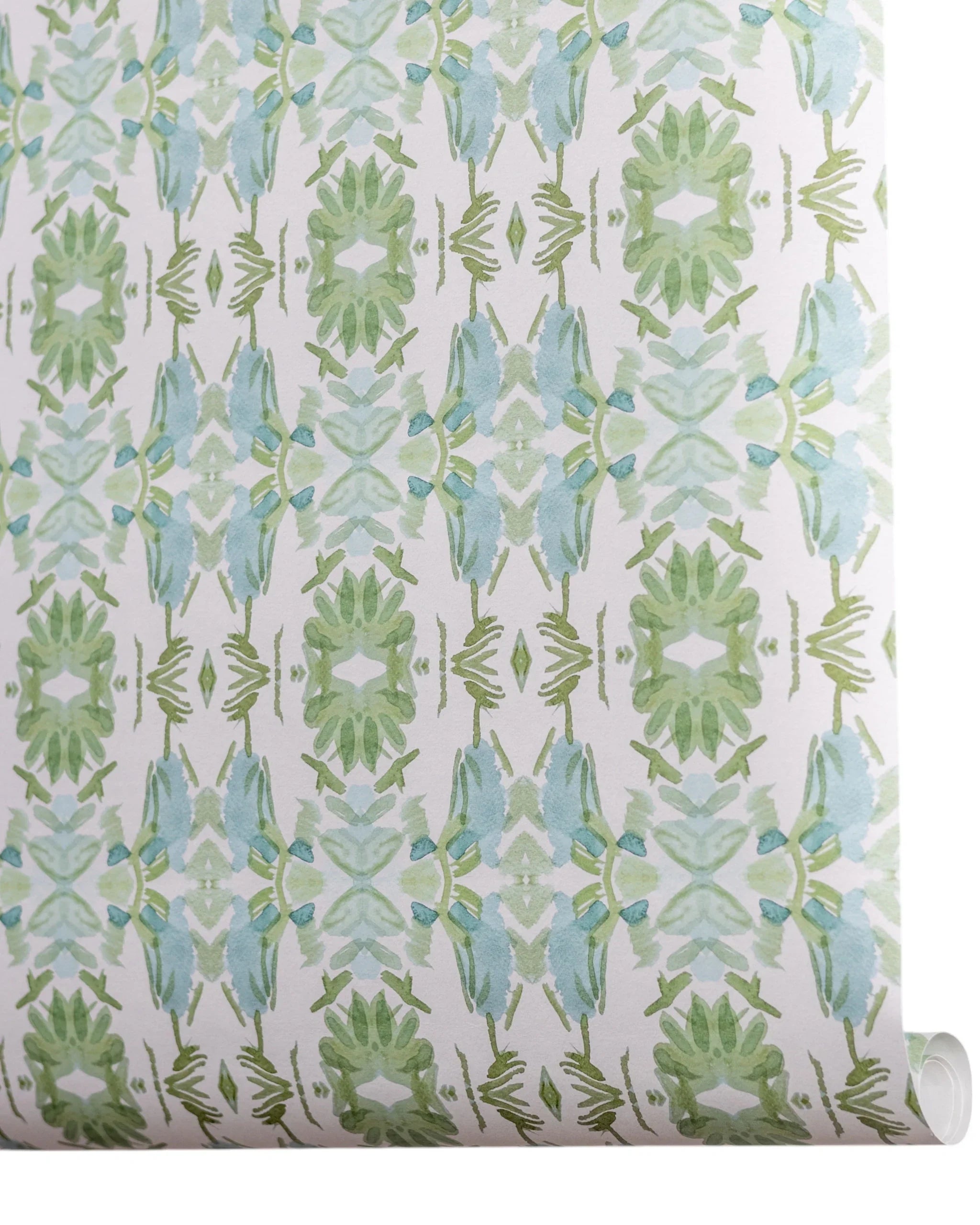 Luxury botanical wallpaper featuring an artistic wildflower-inspired pattern in sage green and soft blue, designed for modern traditional interiors, powder rooms, bedrooms, dining rooms, and collected homes.