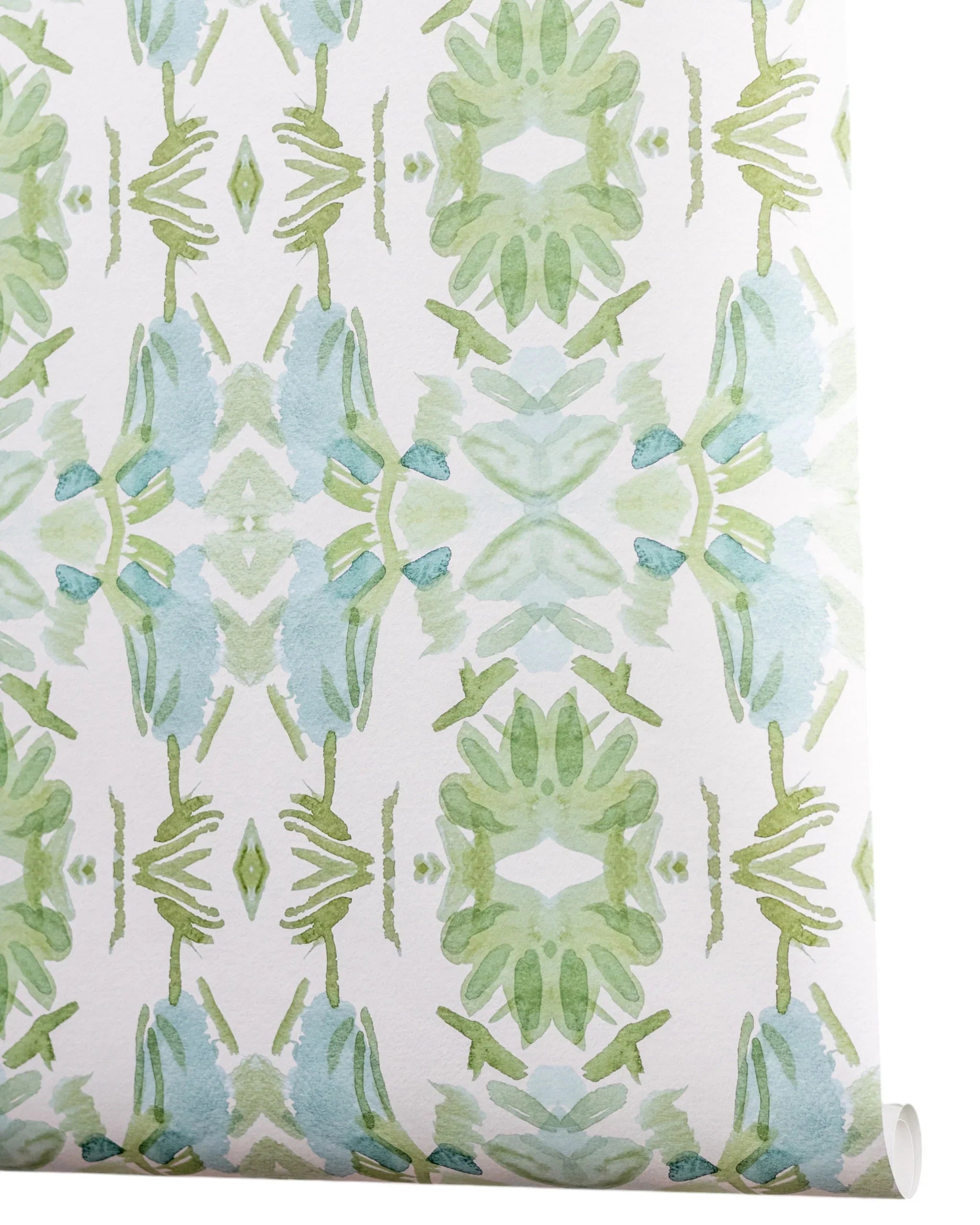 Luxury botanical wallpaper featuring an artistic wildflower-inspired pattern in sage green and soft blue, designed for modern traditional interiors, powder rooms, bedrooms, dining rooms, and collected homes.
