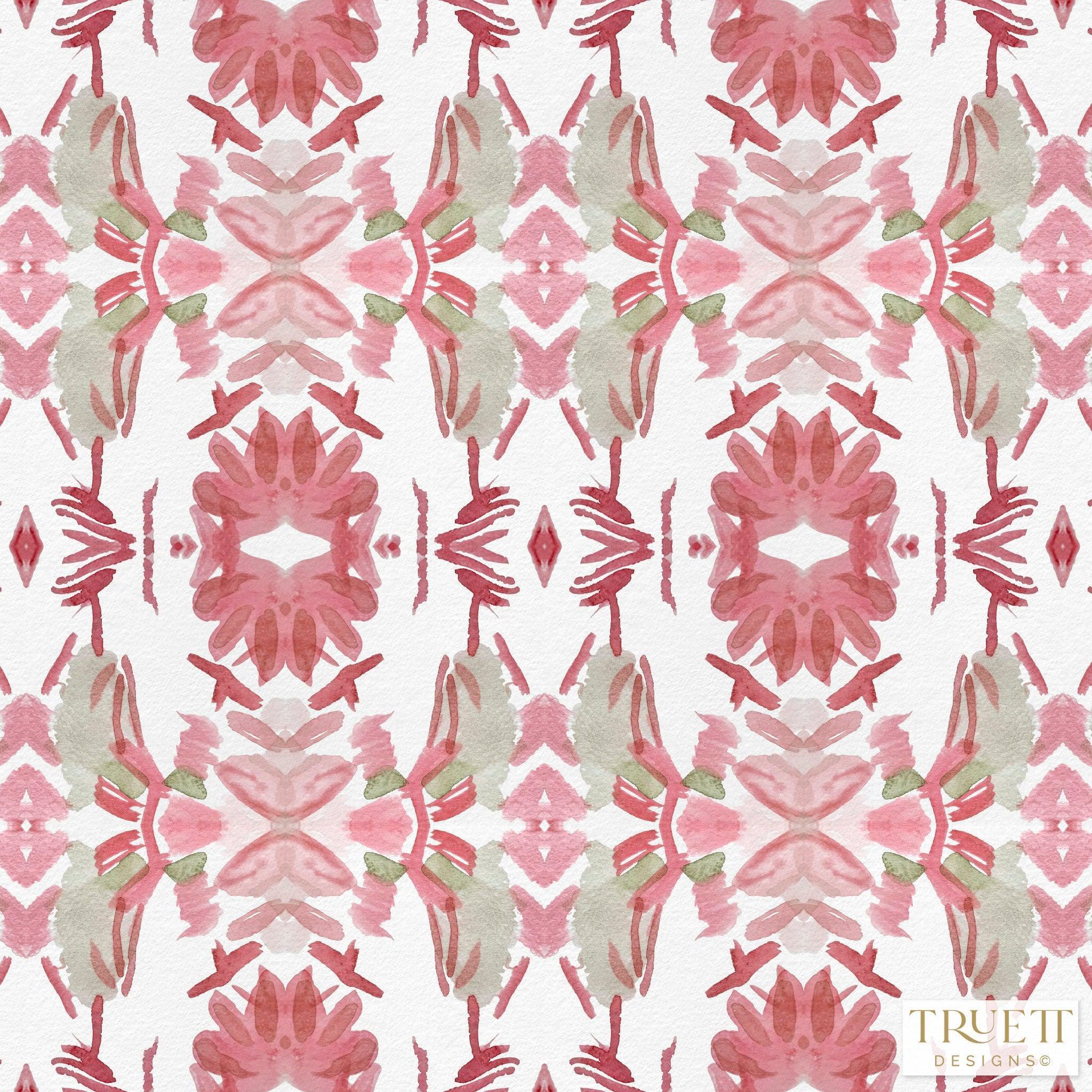 Luxury floral wallpaper featuring an artistic wildflower pattern in strawberry pink, blush, and soft green tones, designed for modern traditional interiors, bedrooms, powder rooms, and collected homes.
