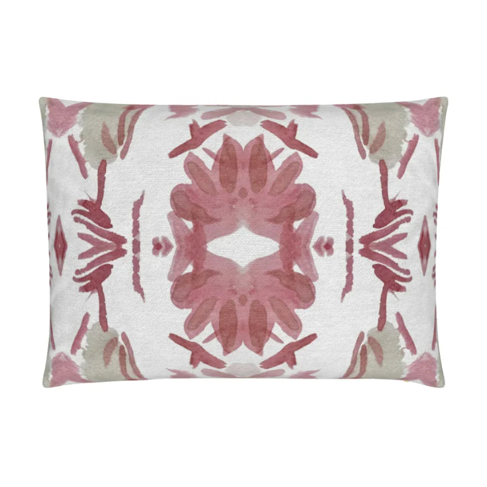 Wildflowers I Strawberry luxury decorative pillow featuring a large-scale abstract floral pattern in rich strawberry pink and red tones, handcrafted in England for luxury living rooms, designer-curated interiors, layered bedrooms, and modern traditional homes.