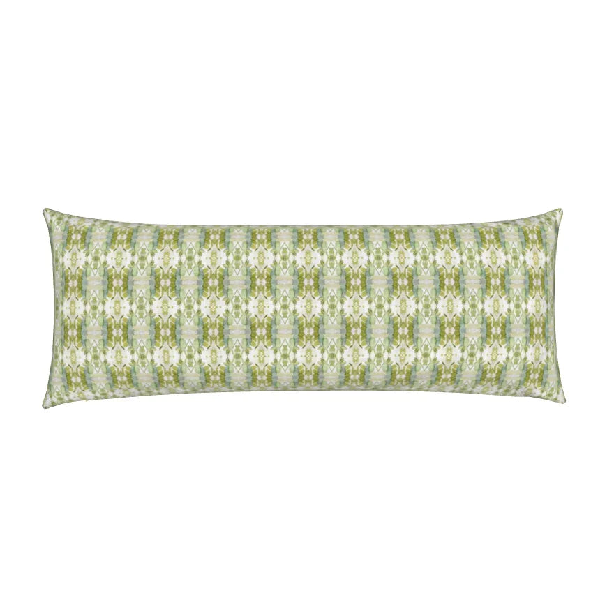 Luxury green floral bolster pillow with a delicate small repeat botanical pattern, designed for layered beds and collected modern traditional interiors.