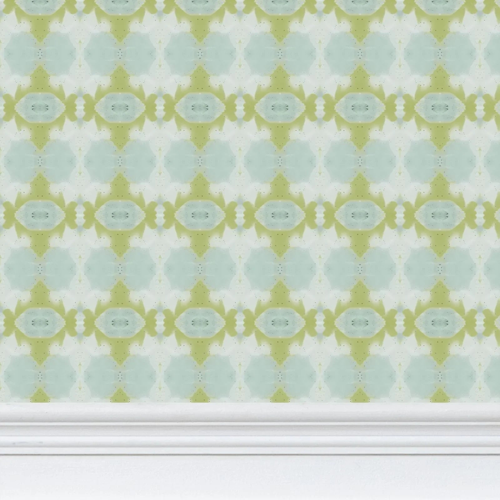 Designer abstract wallpaper in chartreuse green and soft blue with an organic geometric motif, ideal for modern traditional interiors, statement walls, and layered homes.