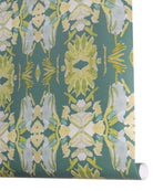 Luxury abstract floral wallpaper in rich dark green tones with layered organic movement, designed for modern traditional and collected interiors.