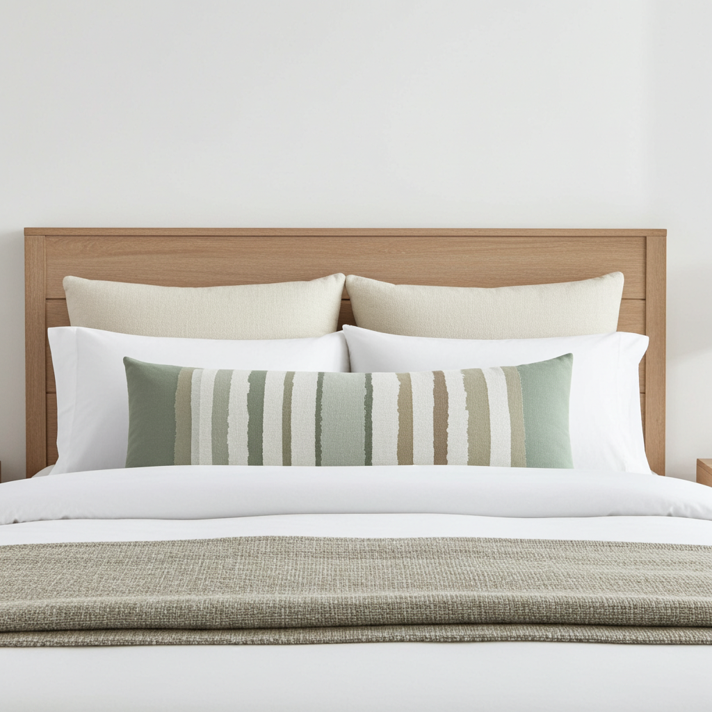 Luxury green stripe bolster pillow with bold linear pattern, handcrafted in England for contemporary and modern traditional interiors.