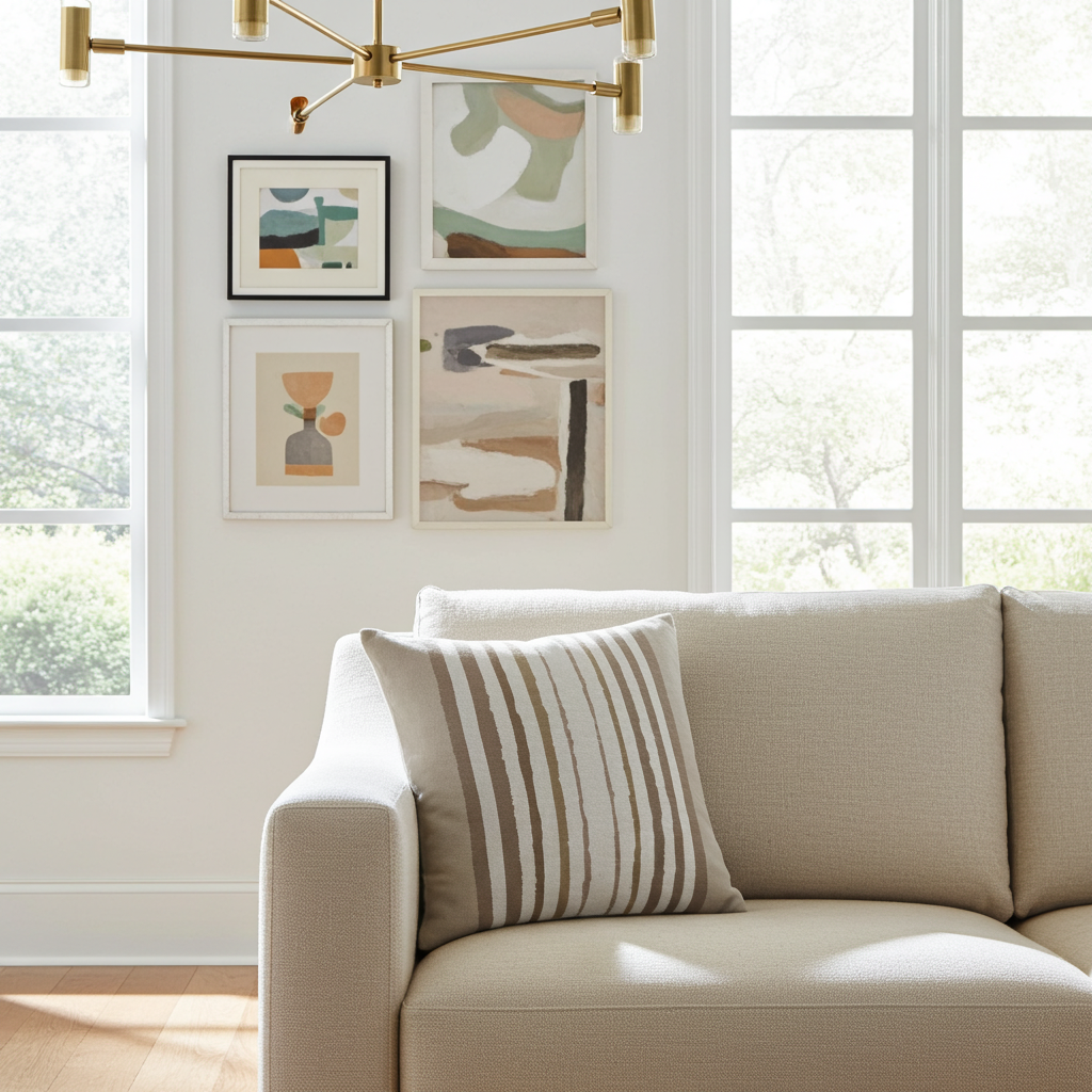 Brother Stripe in Neutrals Luxury Pillow by Truett Designs featuring an artistic stripe pattern in warm neutral tones. Handcrafted in England from sustainably printed luxury fabric, this designer decorative pillow adds structure, texture, and timeless elegance to sofas, beds, and accent chairs. A versatile favorite for interior designers, it pairs beautifully with florals, botanicals, grasscloth, natural linens, and tailored upholstery in luxury residential interiors.