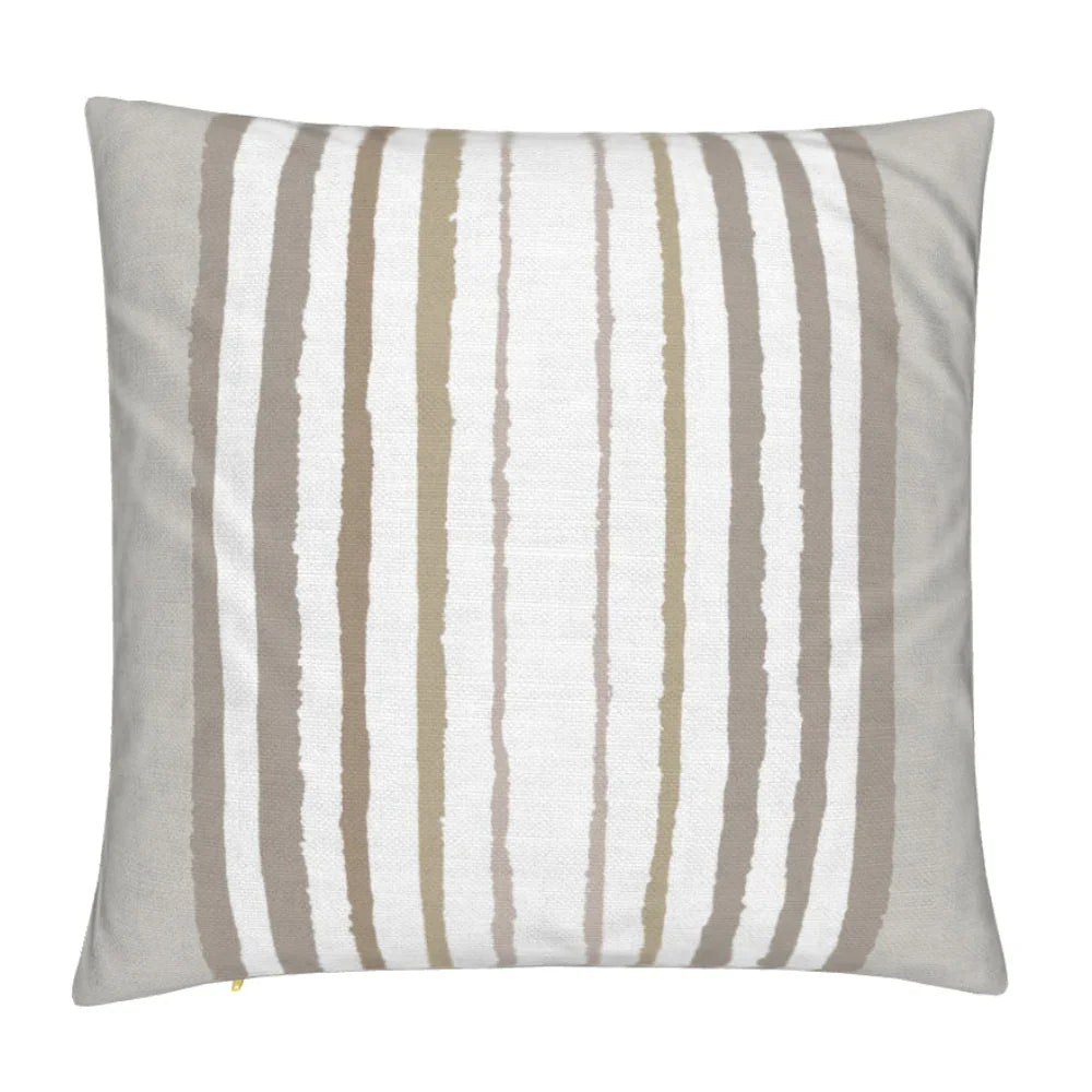 Brother Stripe in Neutrals Luxury Pillow by Truett Designs featuring an artistic stripe pattern in warm neutral tones. Handcrafted in England from sustainably printed luxury fabric, this designer decorative pillow adds structure, texture, and timeless elegance to sofas, beds, and accent chairs. A versatile favorite for interior designers, it pairs beautifully with florals, botanicals, grasscloth, natural linens, and tailored upholstery in luxury residential interiors.