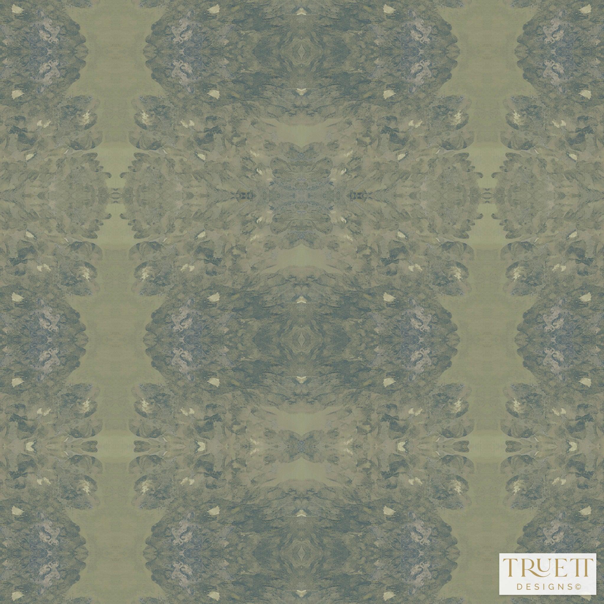Luxury abstract wallpaper in rich rosemary green tones with layered organic movement and artistic detail, designed for modern traditional interiors, luxury bedrooms, powder rooms, dining spaces, and collected contemporary homes. Sustainably printed in England by Truett Designs.