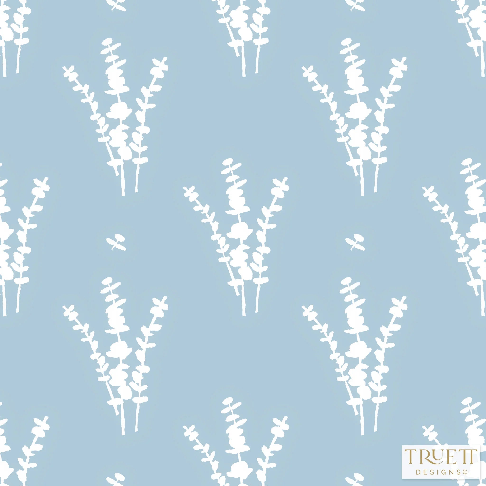 Luxury botanical wallpaper featuring a blue and white eucalyptus pattern, perfect for modern traditional interiors, coastal homes, powder rooms, bedrooms, and collected spaces.