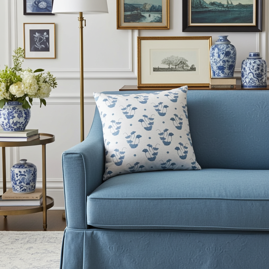 Luxury decorative pillow featuring flowing ginkgo leaf patterns in colonial blue and soft neutral tones, styled for a layered modern traditional interior.
