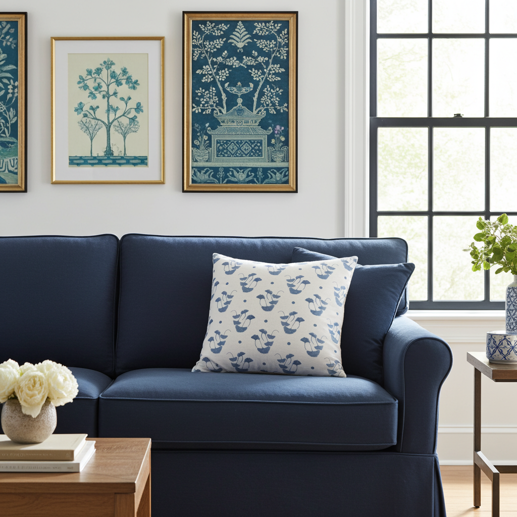 Luxury decorative pillow featuring flowing ginkgo leaf patterns in colonial blue and soft neutral tones, styled for a layered modern traditional interior.