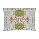 Pink Dogwoods luxury pillow featuring a large-scale abstract floral pattern in pink, soft blue, and grass green tones, handcrafted in England for layered designer interiors and luxury homes.