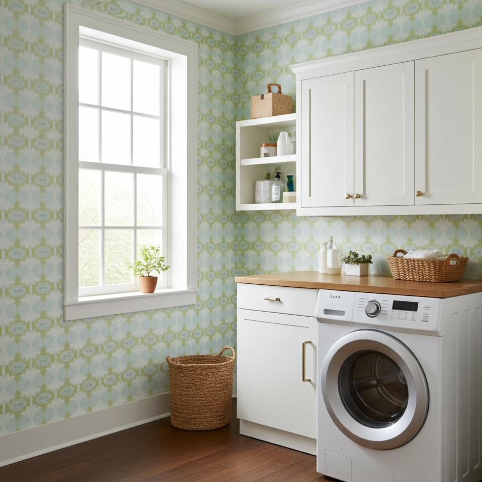 Designer abstract wallpaper in chartreuse green and soft blue with an organic geometric motif, ideal for modern traditional interiors, statement walls, and layered homes.