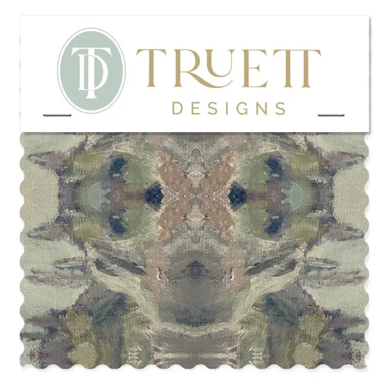 Luxury abstract fabric featuring flowing landscape-inspired movement in warm dusty neutral tones with hidden fox details for collected modern traditional interiors.