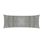 Luxury bolster pillow featuring an abstract garden-inspired pattern in layered bronze, iris blue, and earthy tones, styled for a collected modern traditional interior.