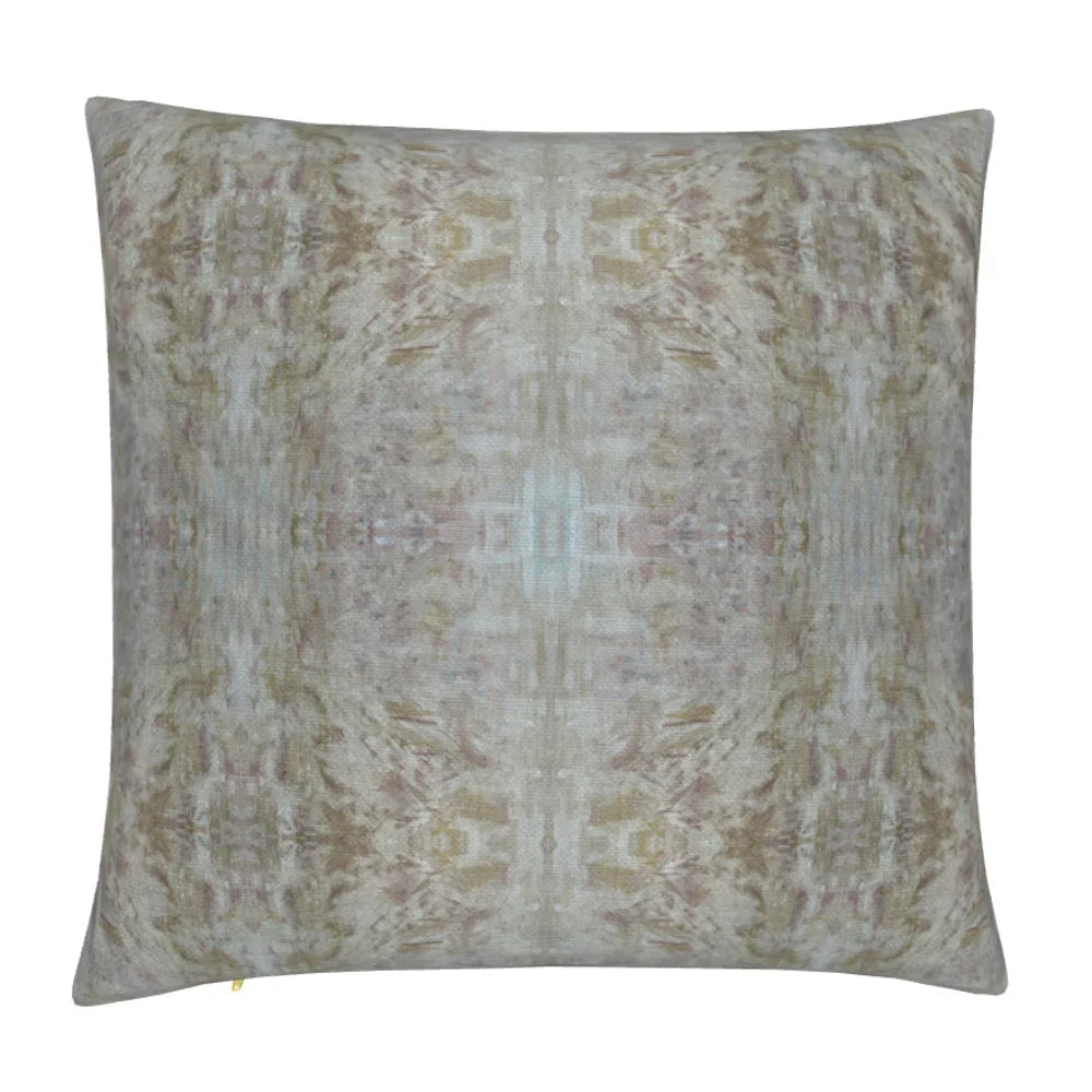 The Gardens Bronze Iris luxury decorative pillow featuring an abstract floral pattern with layered artistic movement and rich bronze, plum, and earthy tones, handcrafted in England for luxury living rooms, designer-curated interiors, thoughtfully layered spaces, and modern traditional homes.