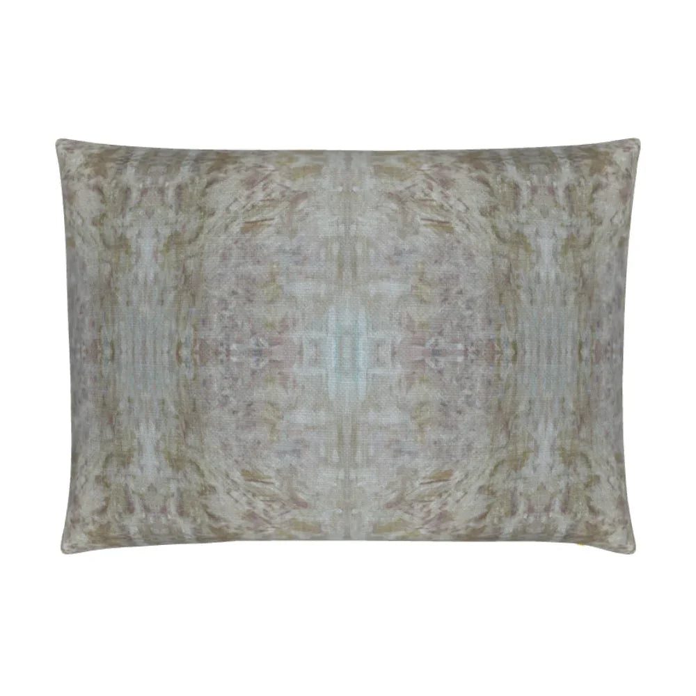 The Gardens Bronze Iris luxury decorative pillow featuring an abstract floral pattern with layered artistic movement and rich bronze, plum, and earthy tones, handcrafted in England for luxury living rooms, designer-curated interiors, thoughtfully layered spaces, and modern traditional homes.