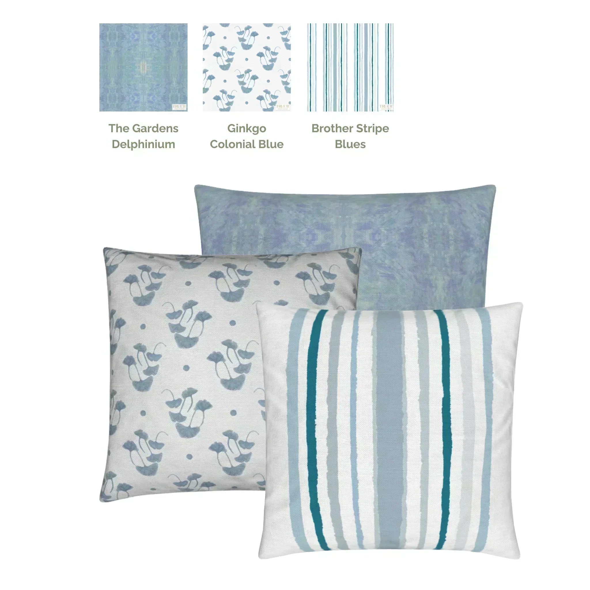 Luxury decorative pillow featuring flowing ginkgo leaf patterns in colonial blue and soft neutral tones, styled for a layered modern traditional interior.