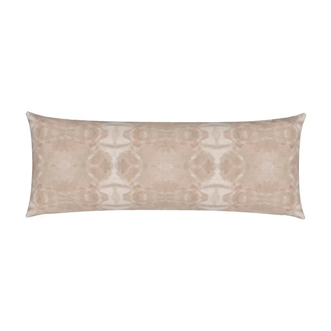 Trees Blush and Mocha Luxury Bolster Pillow by Truett Designs featuring an abstract botanical pattern in soft blush pink and warm mocha brown. Inspired by the beauty of nature and original artwork by Truett Fink, this luxury bolster pillow is handcrafted in England from sustainably printed fabric. Its sophisticated color palette and organic design bring warmth, depth, and effortless layering to beds, sofas, benches, and reading nooks. A refined choice for interior designers seeking luxury decorative pillows