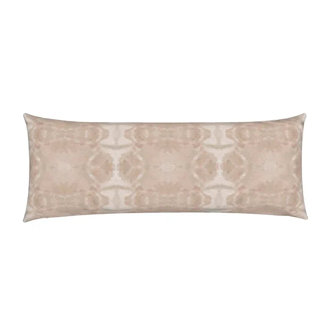 Trees Blush and Mocha Luxury Bolster Pillow by Truett Designs featuring an abstract botanical pattern in soft blush pink and warm mocha brown. Inspired by the beauty of nature and original artwork by Truett Fink, this luxury bolster pillow is handcrafted in England from sustainably printed fabric. Its sophisticated color palette and organic design bring warmth, depth, and effortless layering to beds, sofas, benches, and reading nooks. A refined choice for interior designers seeking luxury decorative pillows