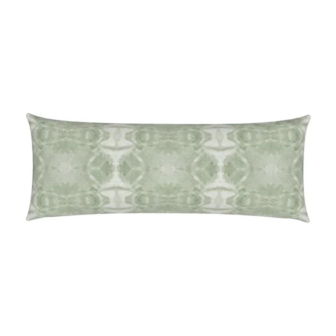 Luxury jade green abstract bolster pillow with painterly organic design, handcrafted in England for contemporary and modern traditional interiors.