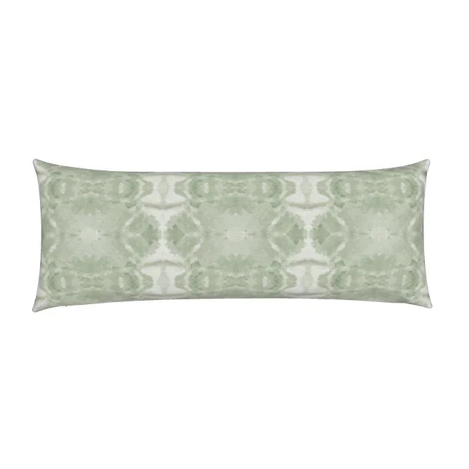 Luxury jade green abstract bolster pillow with painterly organic design, handcrafted in England for contemporary and modern traditional interiors.