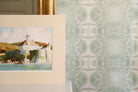 Luxury abstract jade green wallpaper with layered organic movement inspired by live oak trees, ideal for modern traditional interiors, luxury bedrooms, powder rooms, dining spaces, and collected contemporary homes. Sustainably printed in England by Truett Designs.