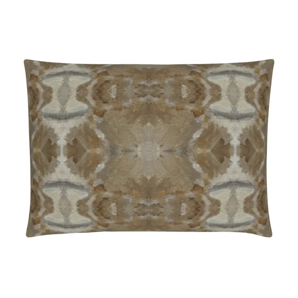 Luxury decorative pillow featuring an organic tree-inspired pattern in warm cognac and neutral tones, styled for a layered modern traditional interior.