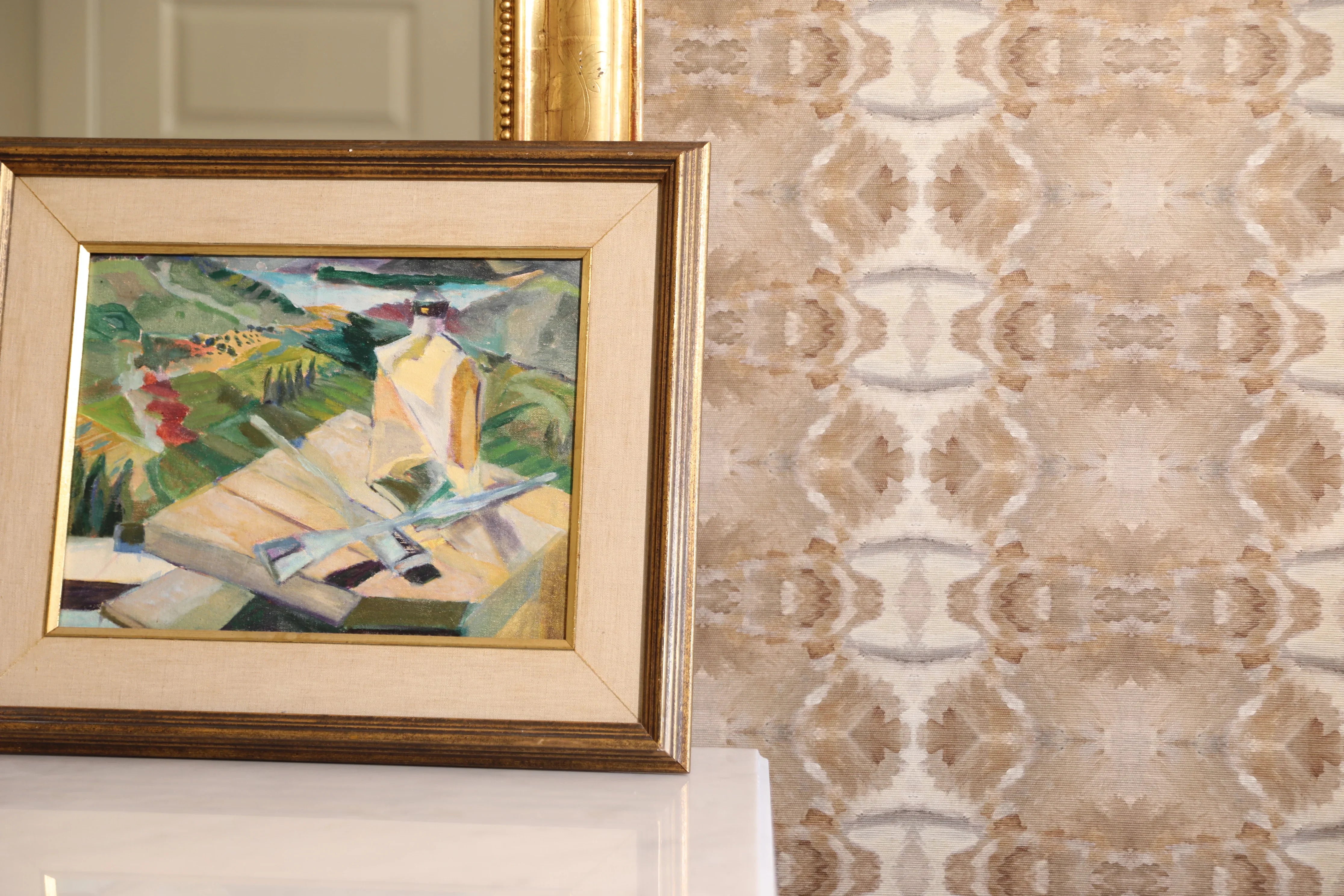 Luxury cognac brown abstract wallpaper with painterly organic movement and linear lines inspired by live oak trees, designed for contemporary and modern traditional interiors.