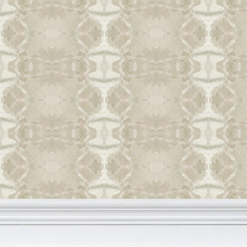 luxury abstract neutral wallpaper in soft putty tones with layered organic movement inspired by live oak trees, designed for modern traditional interiors, luxury bedrooms, powder rooms, dining spaces, and collected contemporary homes. Sustainably printed in England by Truett Designs.