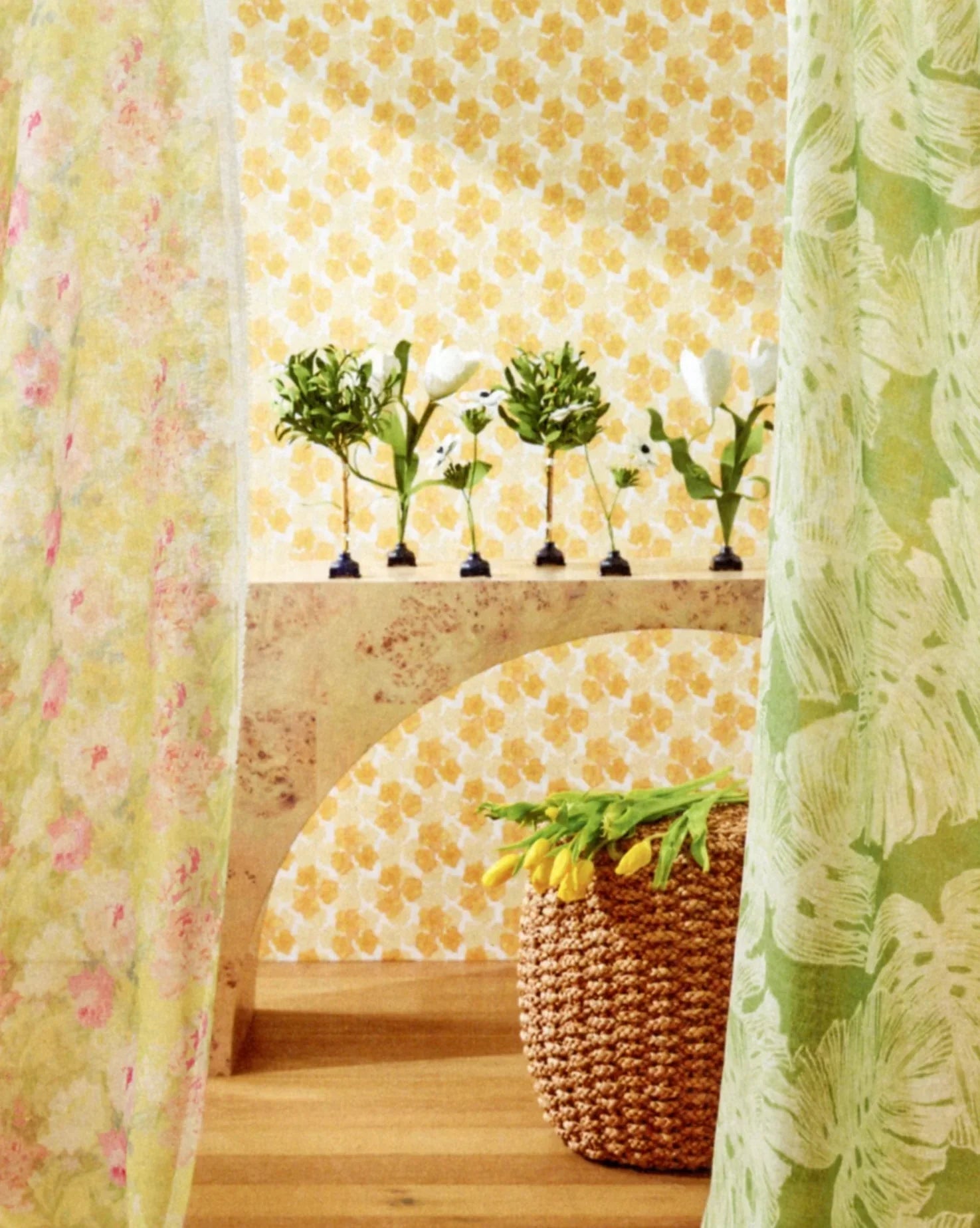 Luxury yellow floral wallpaper featuring the Trois Fleurs pattern, a non-directional botanical design ideal for walls, ceilings, breakfast rooms, powder rooms, and modern traditional interiors.