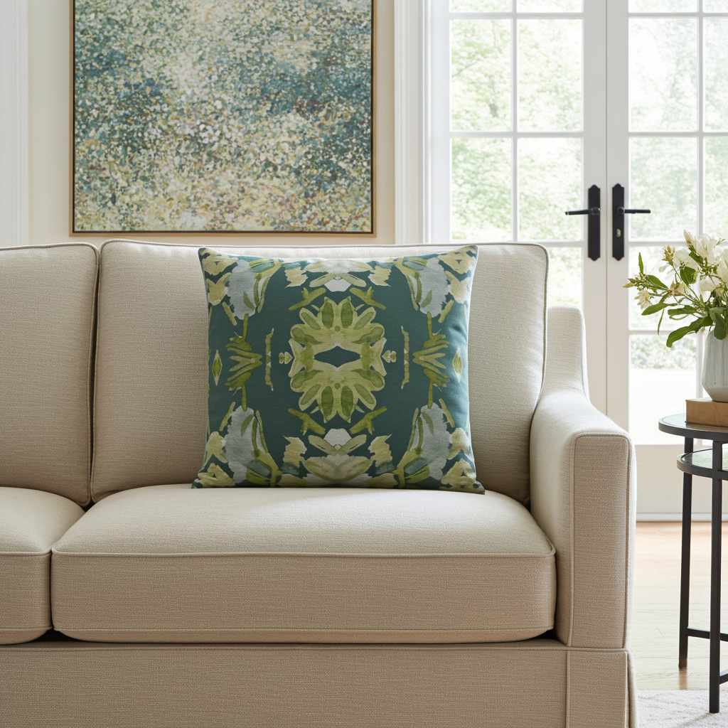 Wildflowers I Dark Green luxury pillow featuring a large-scale abstract floral pattern in rich green tones, handcrafted in England for layered designer interiors, luxury living rooms, and thoughtfully curated home
