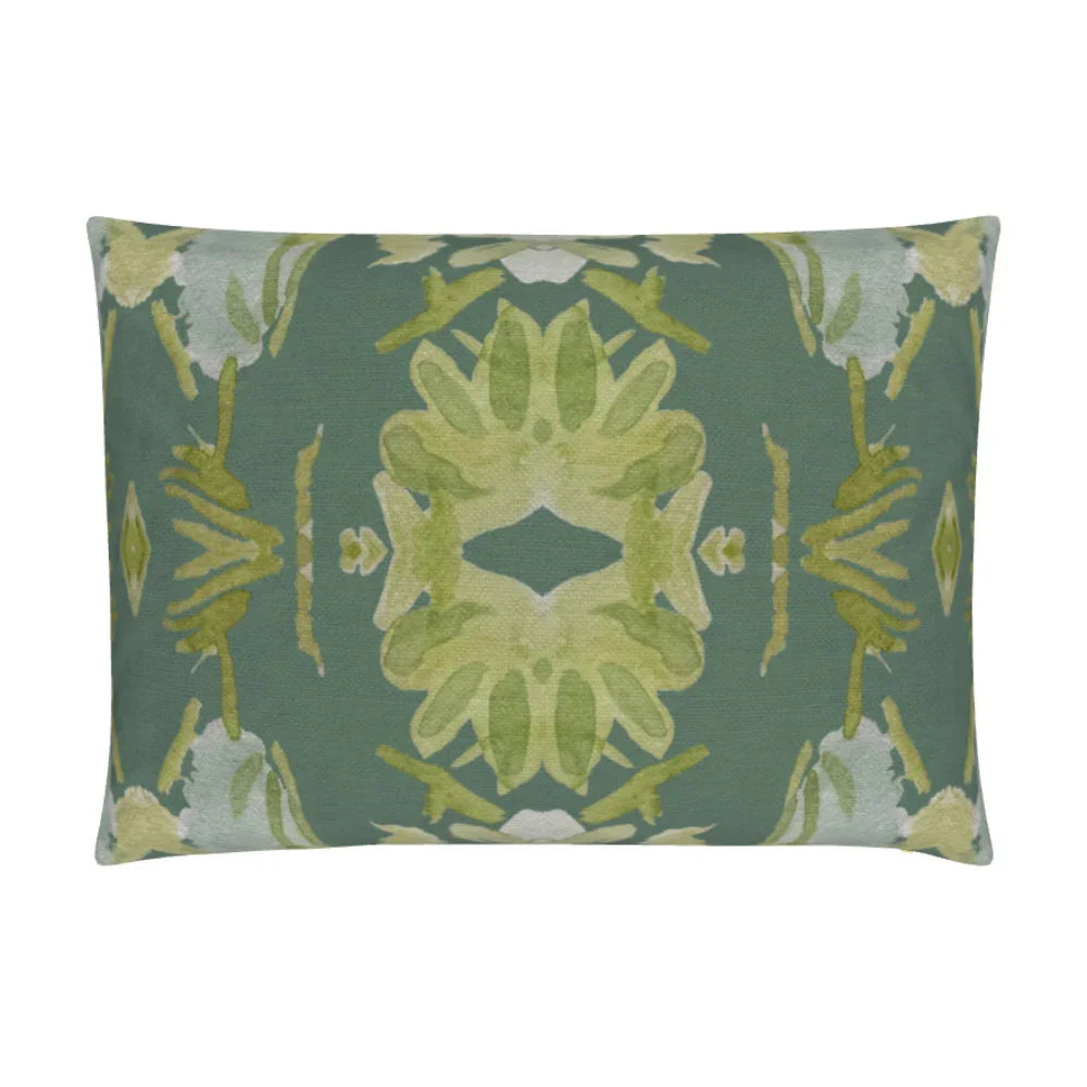 Wildflowers I Dark Green luxury pillow featuring a large-scale abstract floral pattern in rich green tones, handcrafted in England for layered designer interiors, luxury living rooms, and thoughtfully curated home
