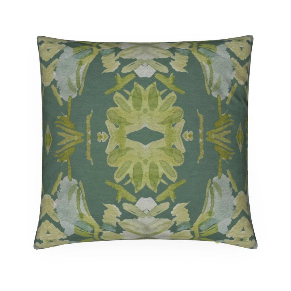 Wildflowers I Dark Green luxury pillow featuring a large-scale abstract floral pattern in rich green tones, handcrafted in England for layered designer interiors, luxury living rooms, and thoughtfully curated home