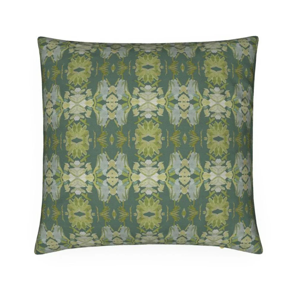 Wildflowers I Dark Green luxury pillow featuring a small repeat botanical pattern in deep green hues, ideal for modern traditional interiors, luxury living rooms, designer bedrooms, and layered home decor. 